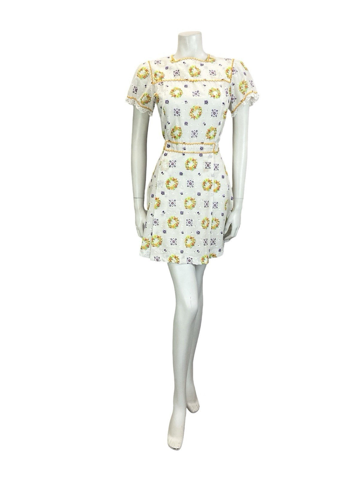 VTG 60S 70S WHITE YELLOW GREEN PURPLE ANGLAISE PUFF SLEEVE RIC RAC MINI DRESS 8