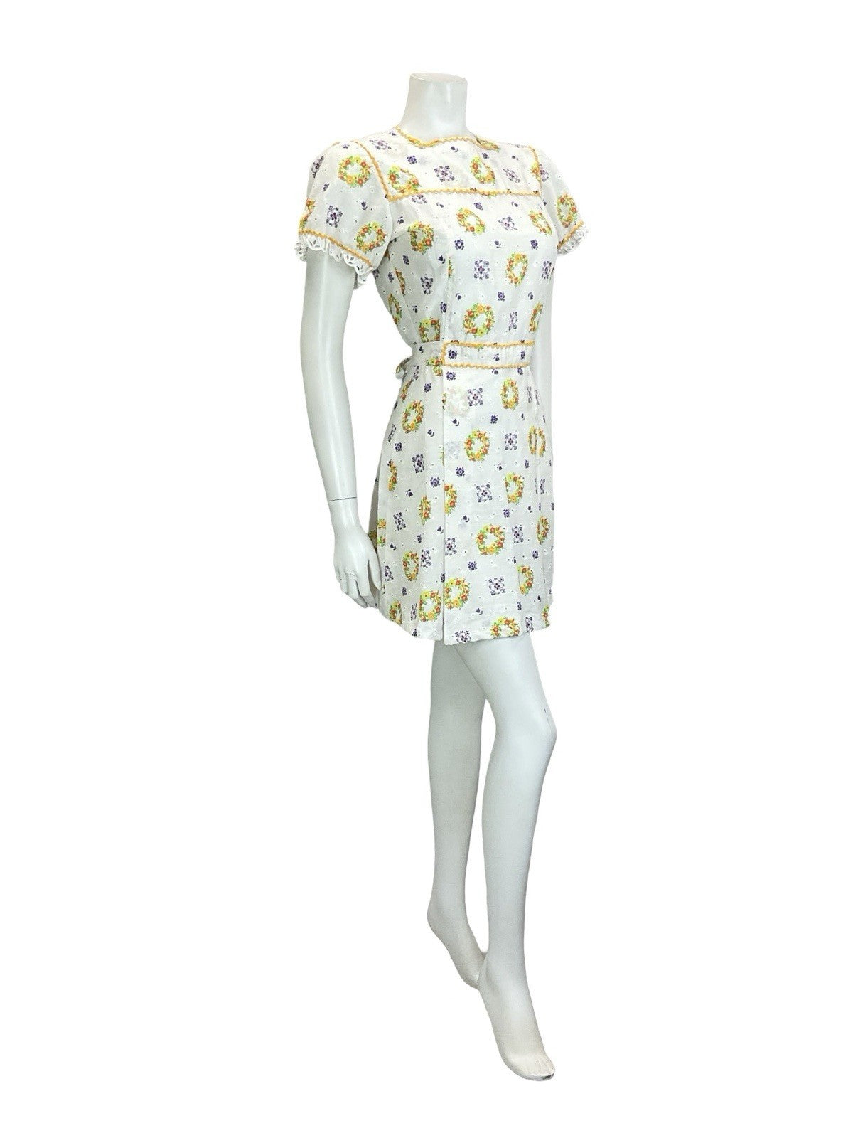 VTG 60S 70S WHITE YELLOW GREEN PURPLE ANGLAISE PUFF SLEEVE RIC RAC MINI DRESS 8