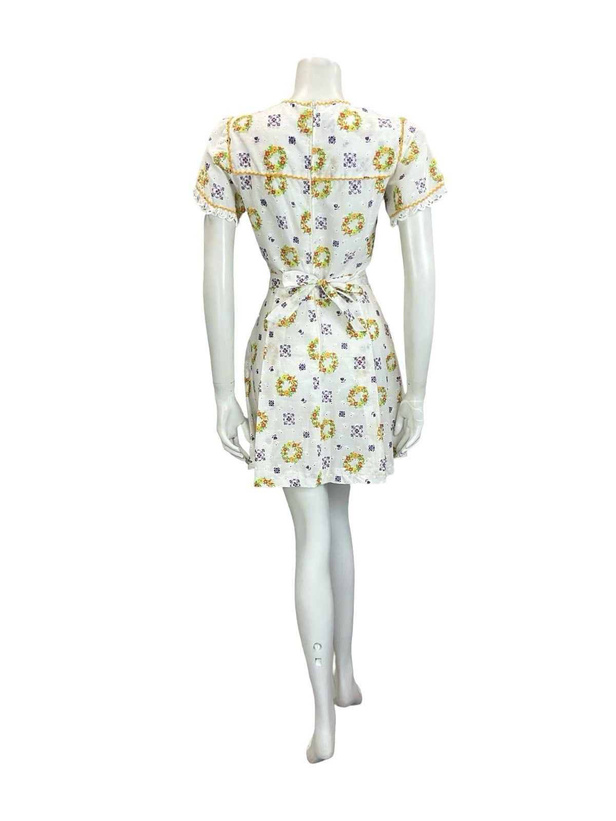 VTG 60S 70S WHITE YELLOW GREEN PURPLE ANGLAISE PUFF SLEEVE RIC RAC MINI DRESS 8