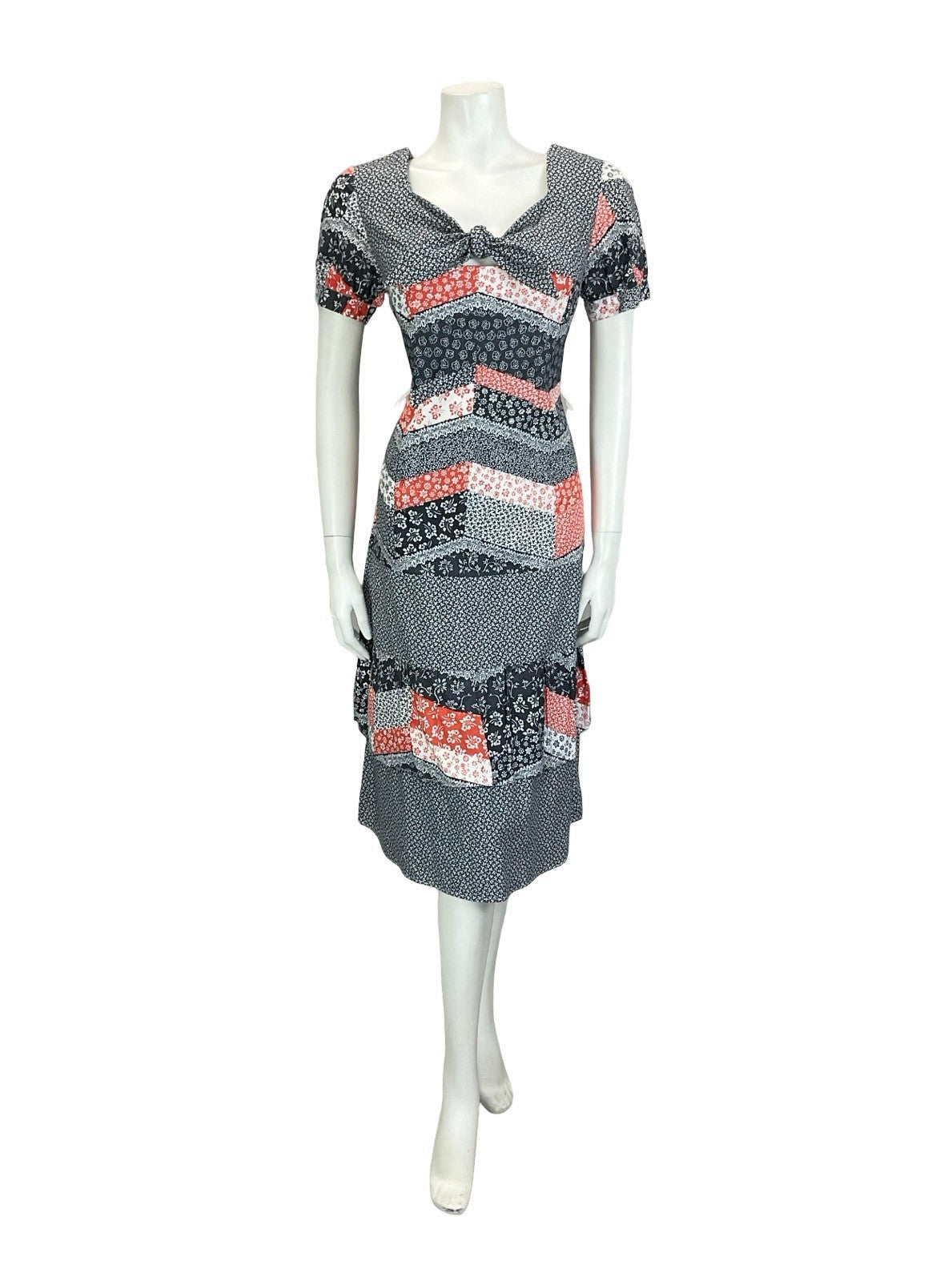 VTG 60S 70S BLACK RED WHITE CHEVRON PATCHWORK PUFF SLEEVE FLORAL DRESS 8 10 S