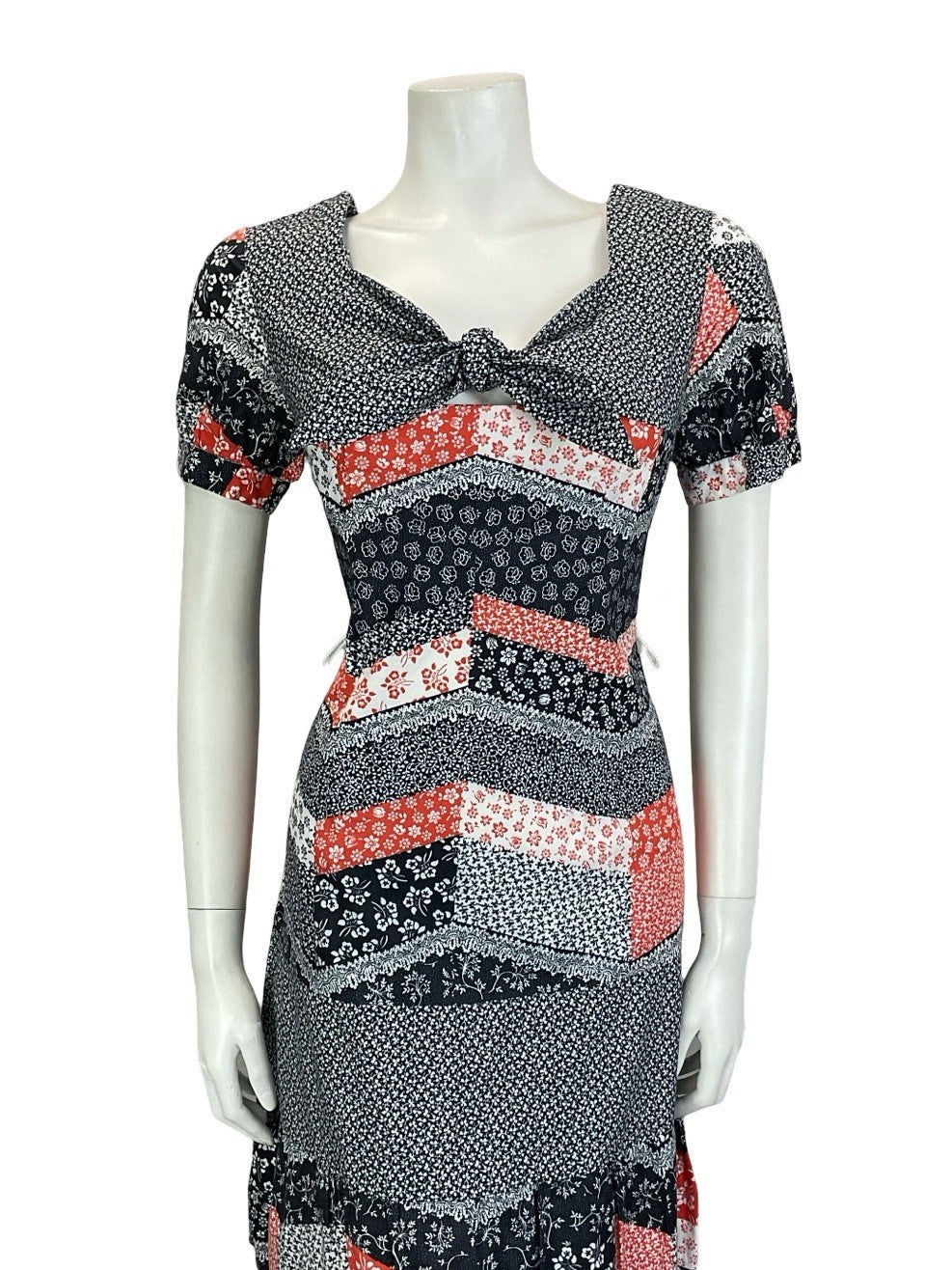 VTG 60S 70S BLACK RED WHITE CHEVRON PATCHWORK PUFF SLEEVE FLORAL DRESS 8 10 S