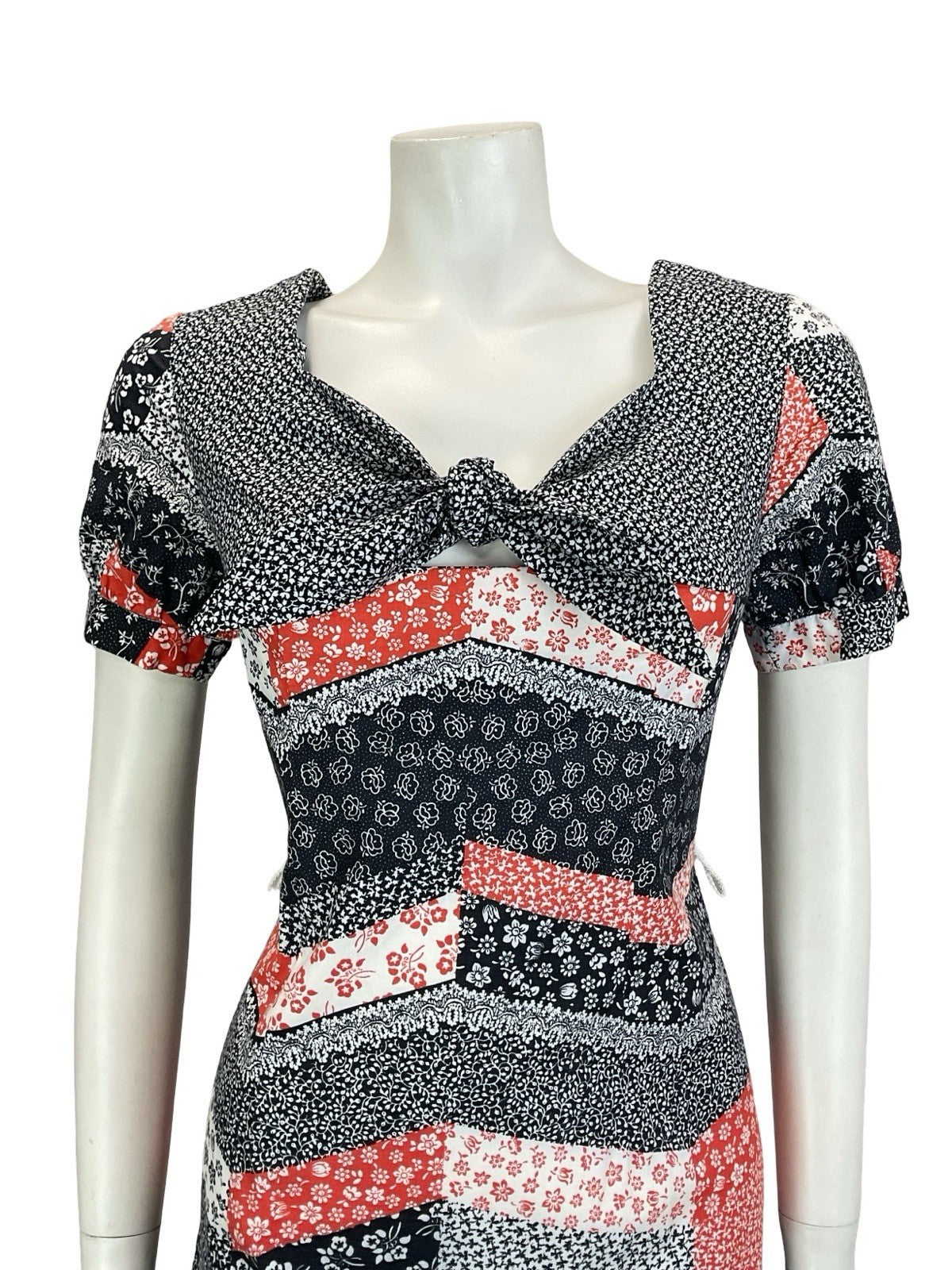VTG 60S 70S BLACK RED WHITE CHEVRON PATCHWORK PUFF SLEEVE FLORAL DRESS 8 10 S