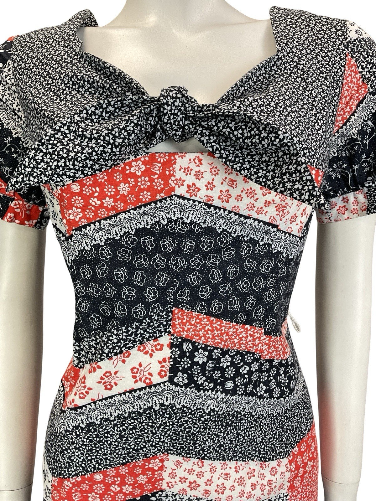 VTG 60S 70S BLACK RED WHITE CHEVRON PATCHWORK PUFF SLEEVE FLORAL DRESS 8 10 S