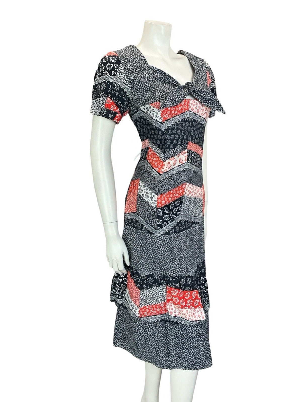 VTG 60S 70S BLACK RED WHITE CHEVRON PATCHWORK PUFF SLEEVE FLORAL DRESS 8 10 S