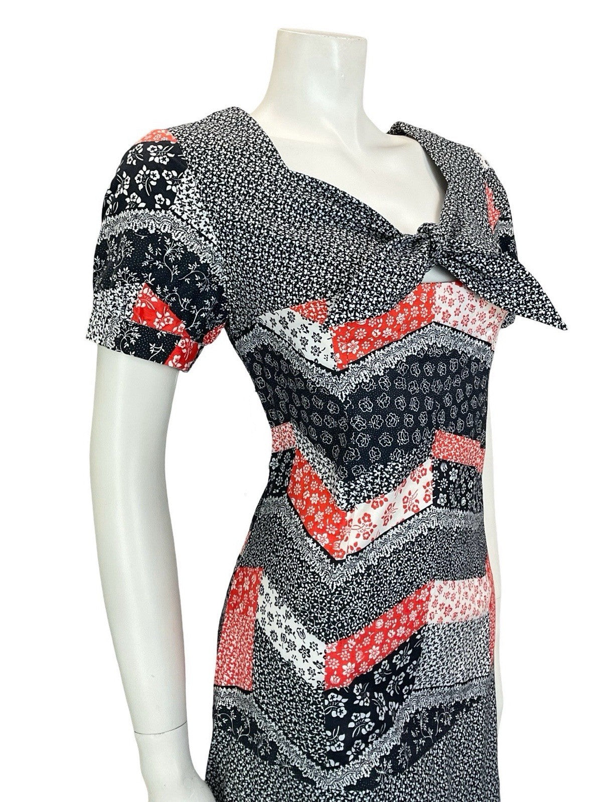 VTG 60S 70S BLACK RED WHITE CHEVRON PATCHWORK PUFF SLEEVE FLORAL DRESS 8 10 S
