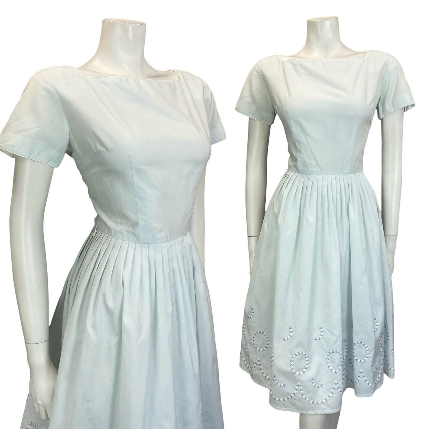 VTG 50s 60S PASTEL BLUE COTTON SQUARE NECK WHITE EMBROIDERED TEA DRESS8