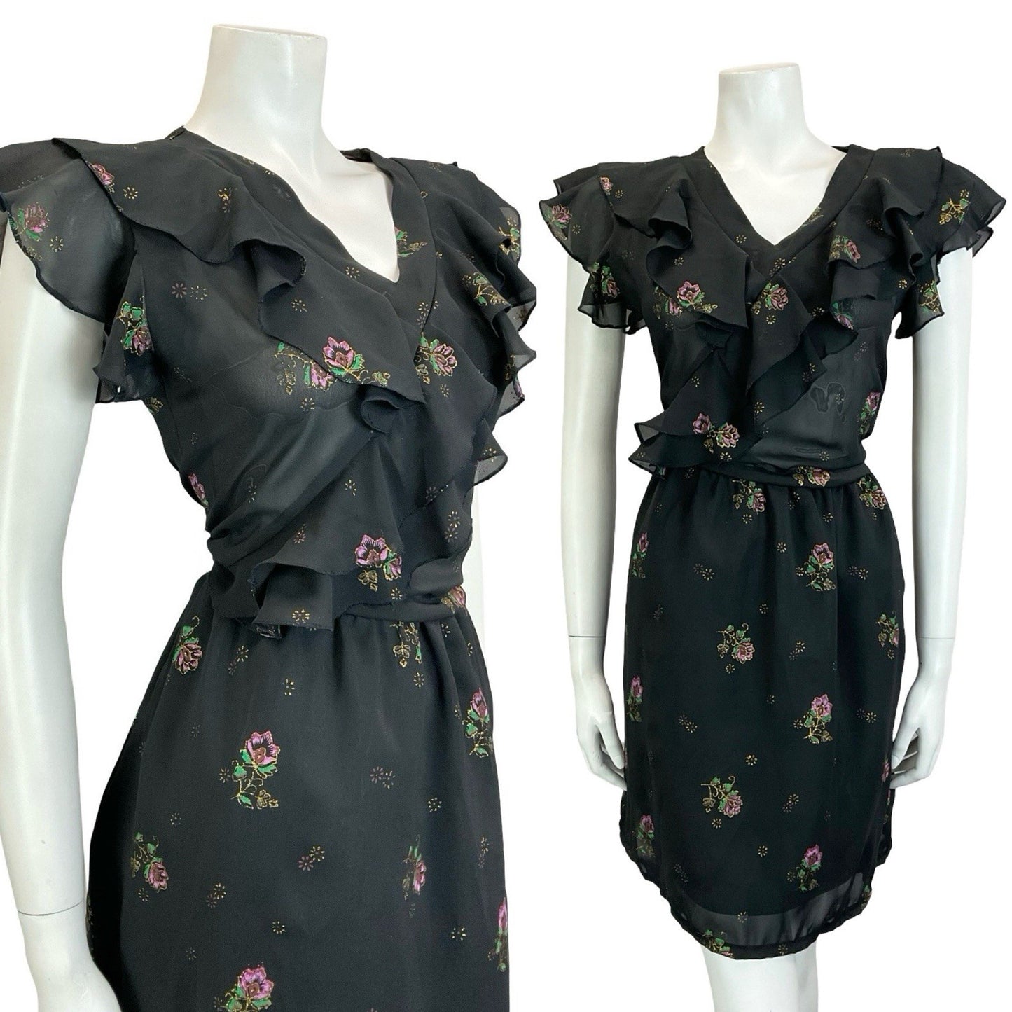 VTG 60S 70S BLACK PURPLE GREEN GOLD FLORAL RUFFLE ELASTICATED BLOUSON DRESS 10