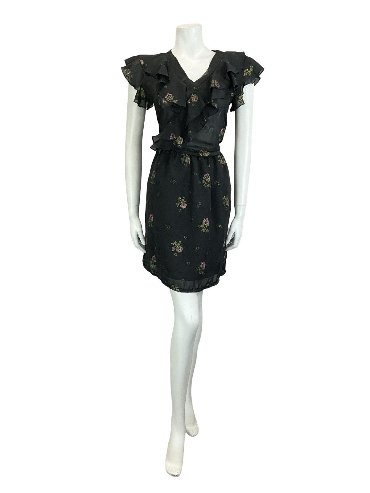 VTG 60S 70S BLACK PURPLE GREEN GOLD FLORAL RUFFLE ELASTICATED BLOUSON DRESS 10