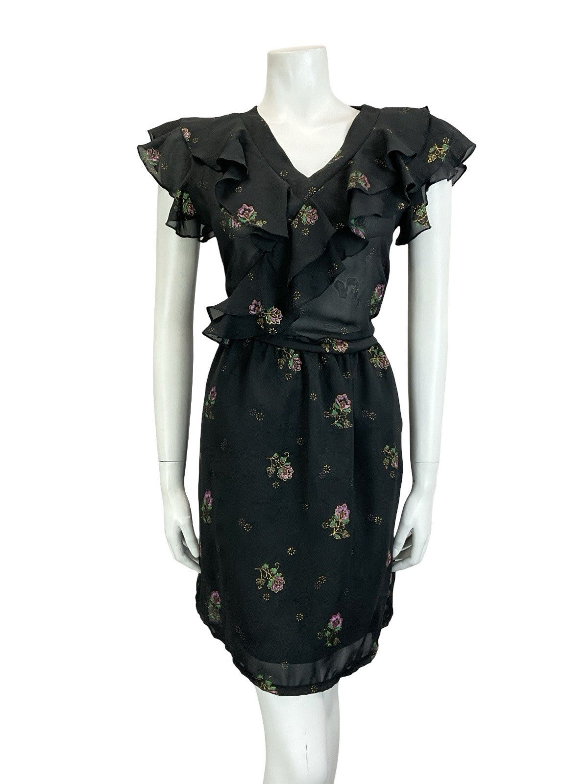 VTG 60S 70S BLACK PURPLE GREEN GOLD FLORAL RUFFLE ELASTICATED BLOUSON DRESS 10
