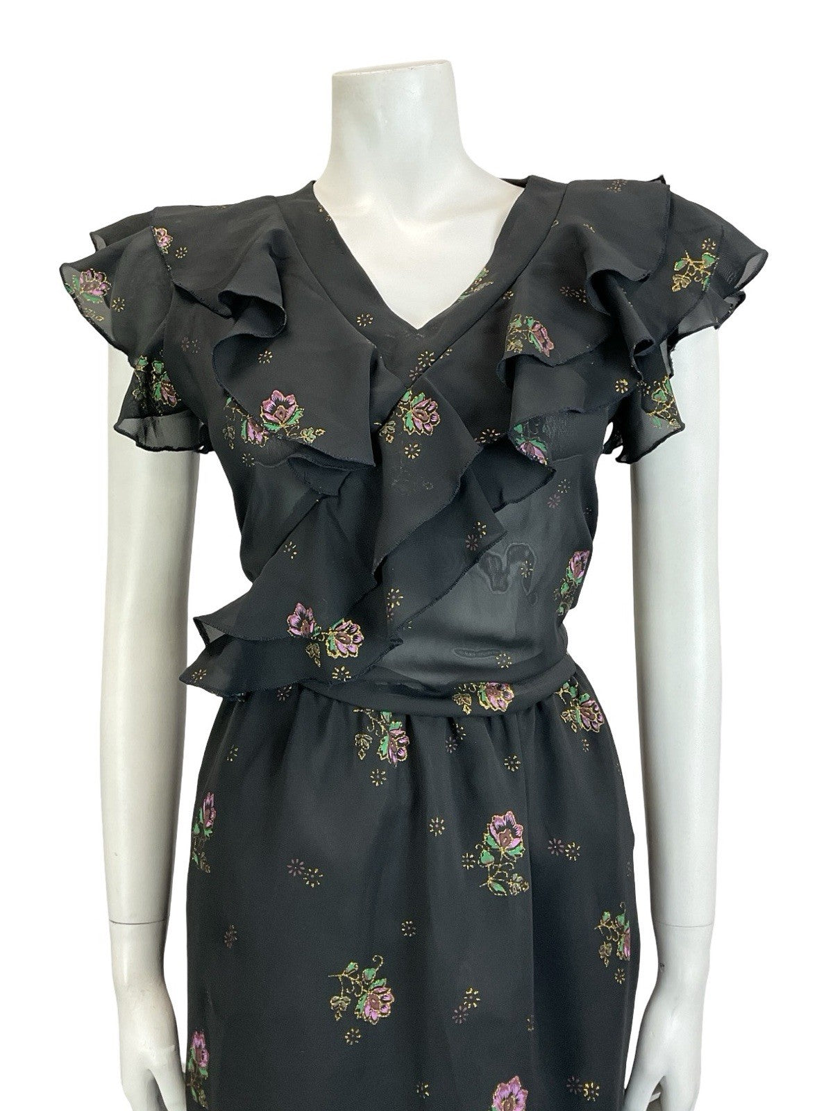 VTG 60S 70S BLACK PURPLE GREEN GOLD FLORAL RUFFLE ELASTICATED BLOUSON DRESS 10
