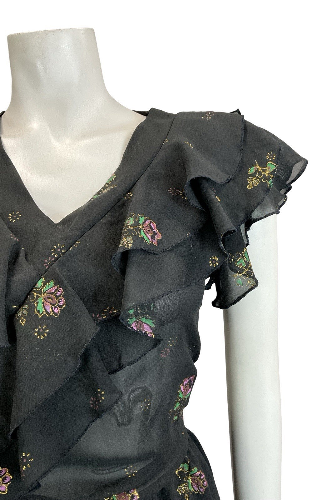 VTG 60S 70S BLACK PURPLE GREEN GOLD FLORAL RUFFLE ELASTICATED BLOUSON DRESS 10