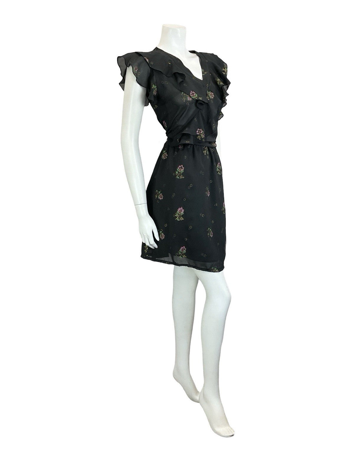 VTG 60S 70S BLACK PURPLE GREEN GOLD FLORAL RUFFLE ELASTICATED BLOUSON DRESS 10