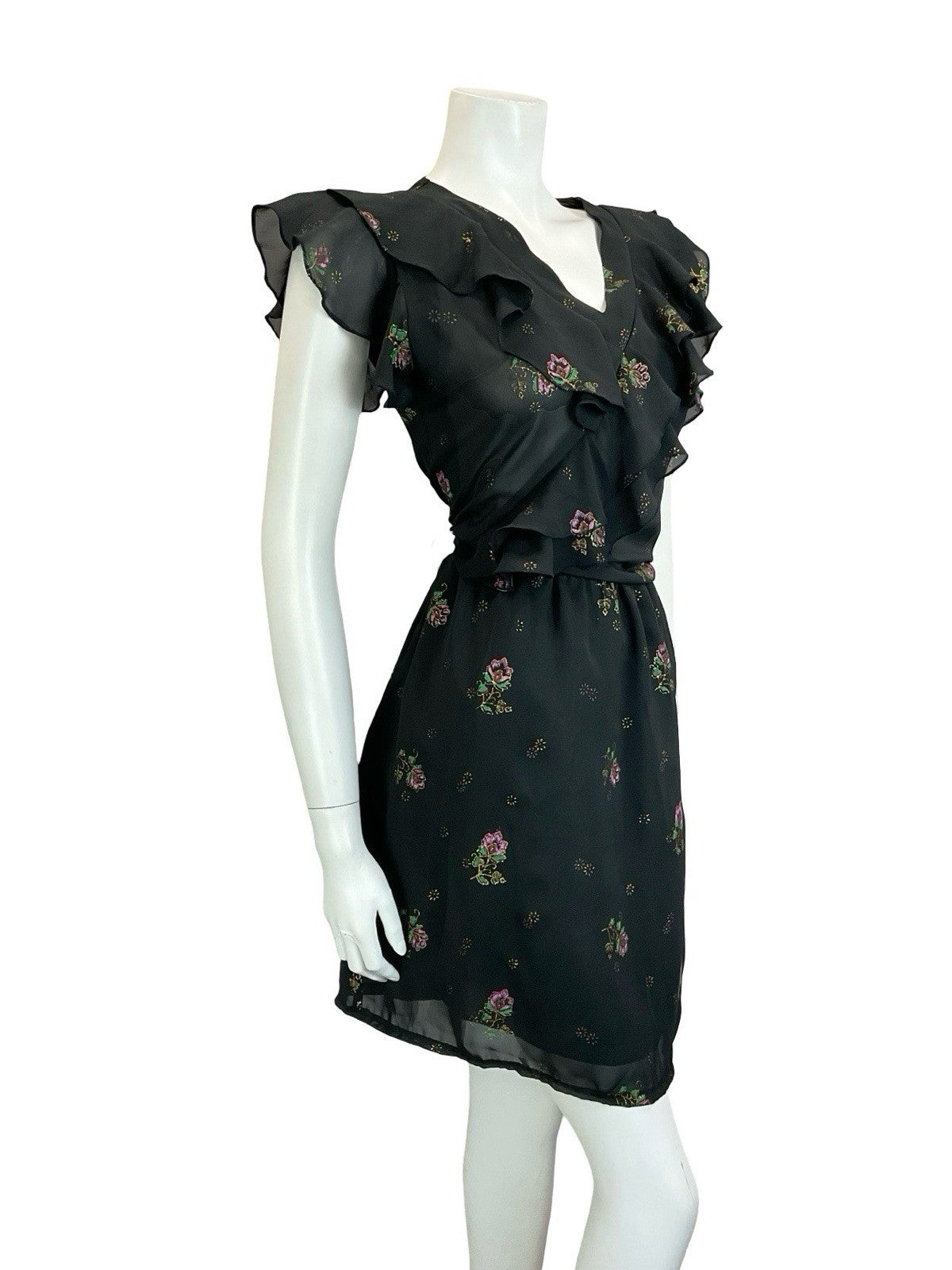VTG 60S 70S BLACK PURPLE GREEN GOLD FLORAL RUFFLE ELASTICATED BLOUSON DRESS 10