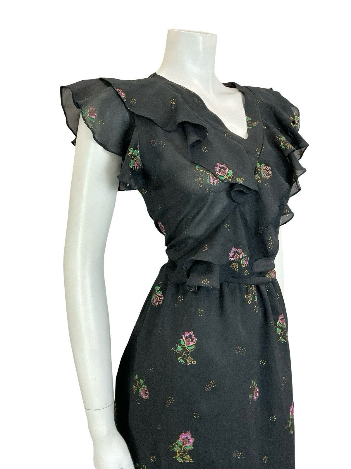 VTG 60S 70S BLACK PURPLE GREEN GOLD FLORAL RUFFLE ELASTICATED BLOUSON DRESS 10