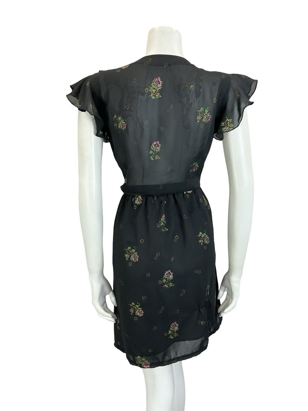 VTG 60S 70S BLACK PURPLE GREEN GOLD FLORAL RUFFLE ELASTICATED BLOUSON DRESS 10