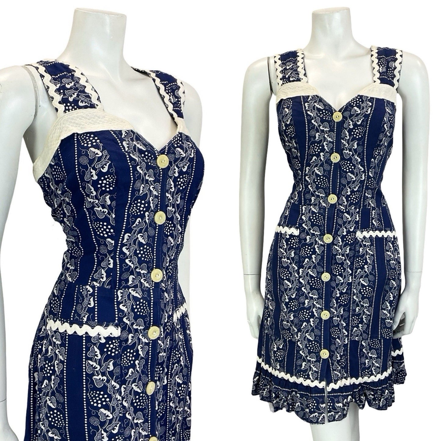 VTG 60S 70S NAVY BLUE WHITE PRAIRIE COTTAGE VINE STRAPPY RUFFLE SUN DRESS 10