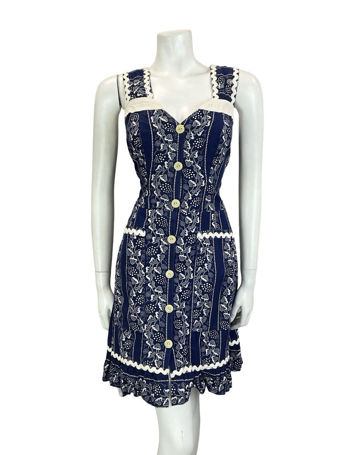 VTG 60S 70S NAVY BLUE WHITE PRAIRIE COTTAGE VINE STRAPPY RUFFLE SUN DRESS 10