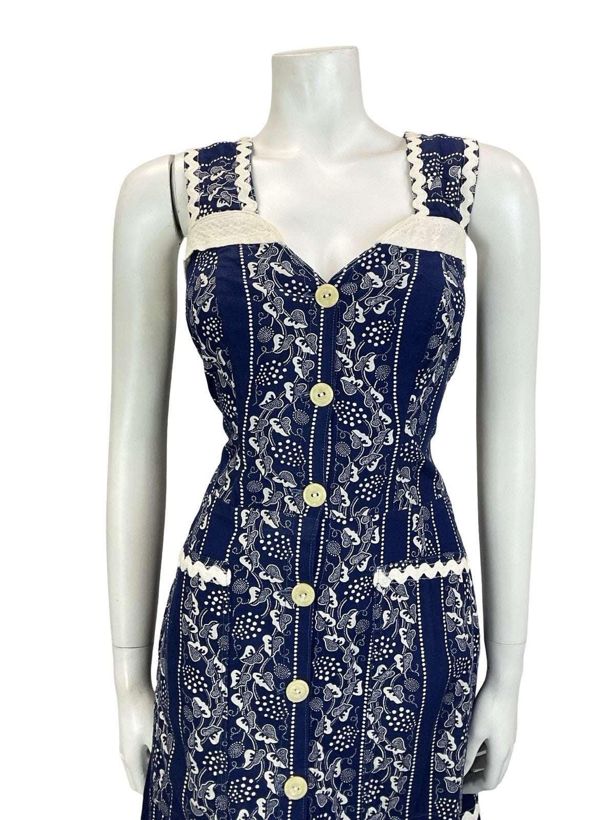 VTG 60S 70S NAVY BLUE WHITE PRAIRIE COTTAGE VINE STRAPPY RUFFLE SUN DRESS 10