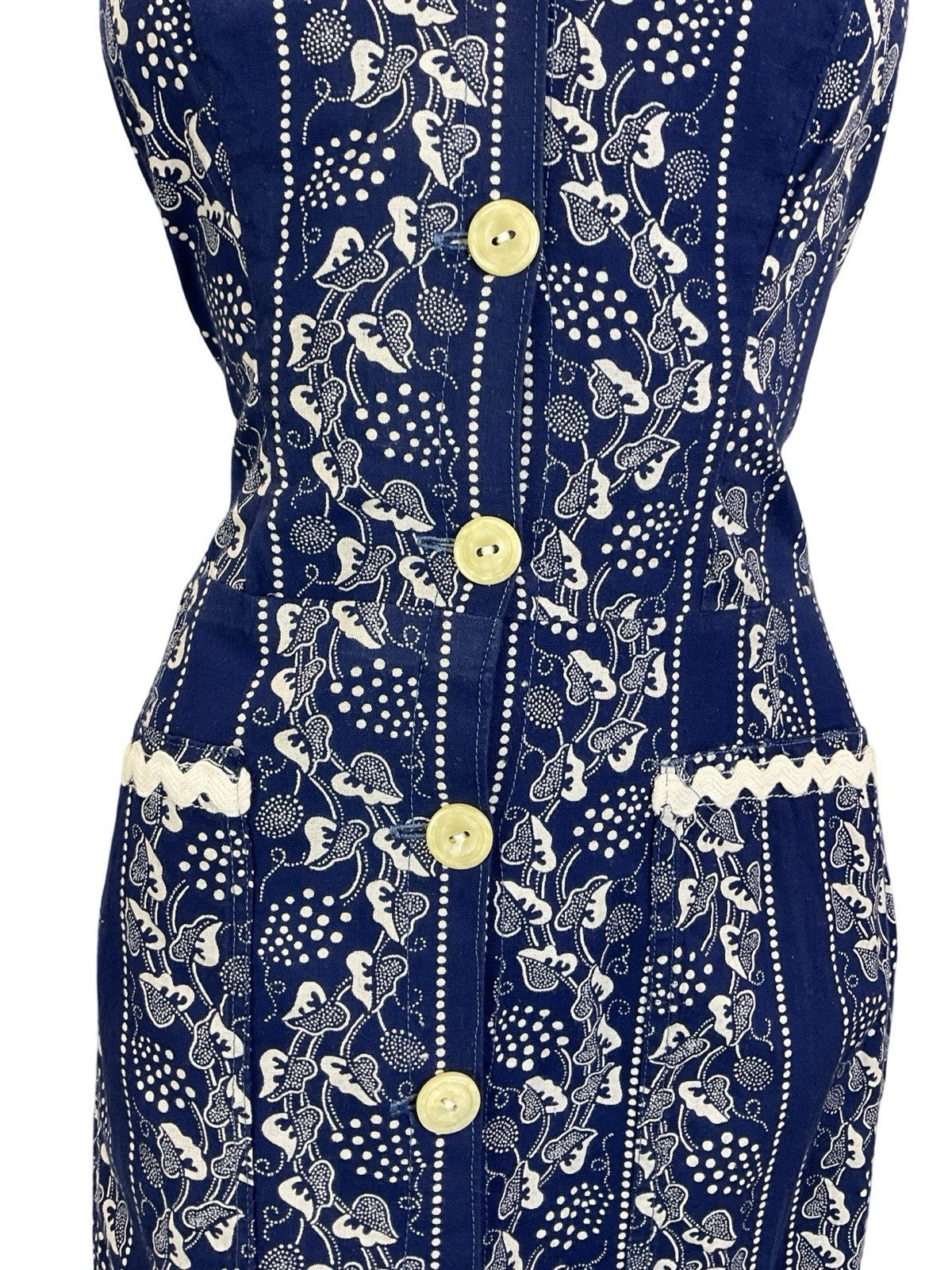 VTG 60S 70S NAVY BLUE WHITE PRAIRIE COTTAGE VINE STRAPPY RUFFLE SUN DRESS 10