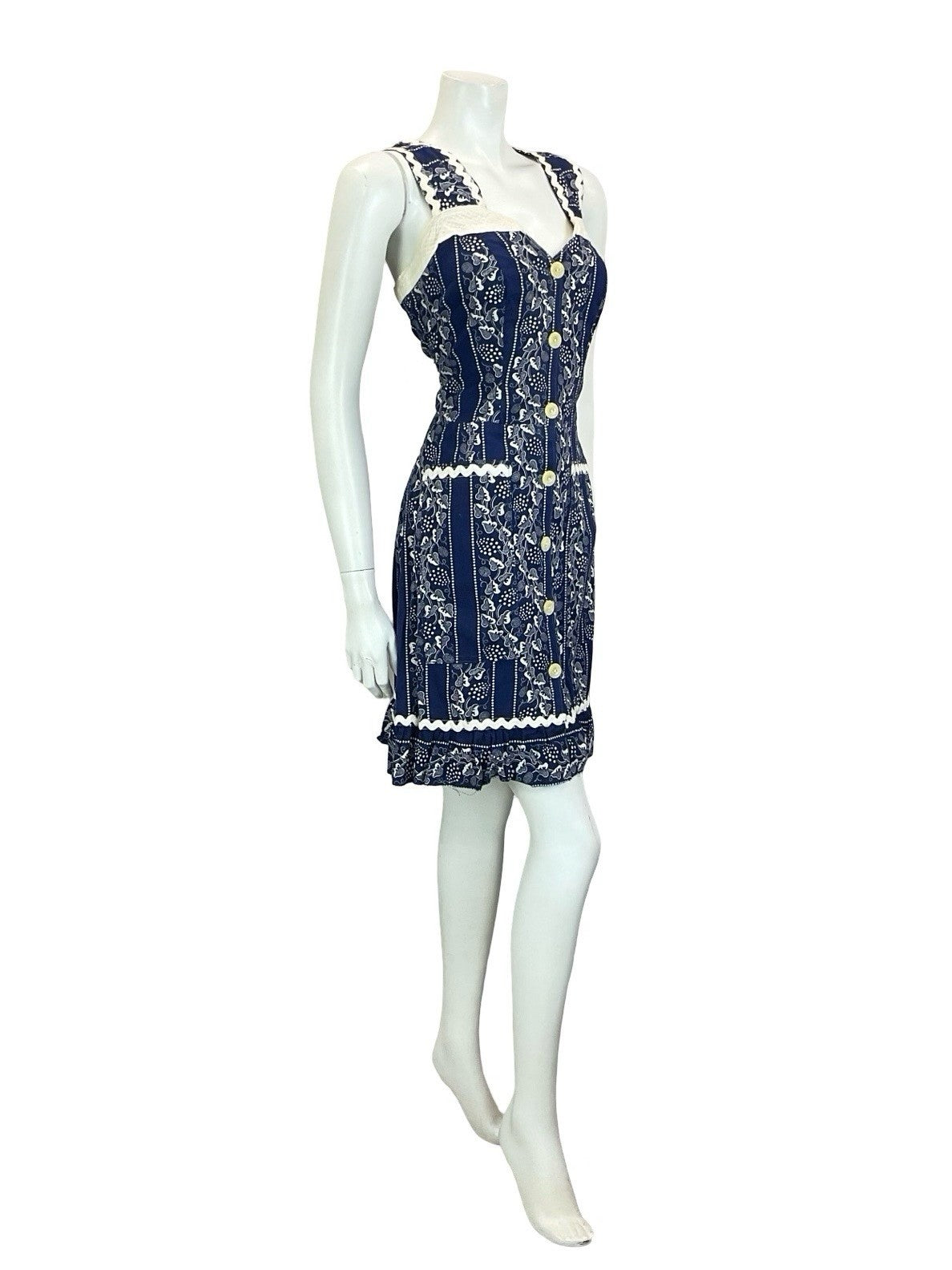 VTG 60S 70S NAVY BLUE WHITE PRAIRIE COTTAGE VINE STRAPPY RUFFLE SUN DRESS 10