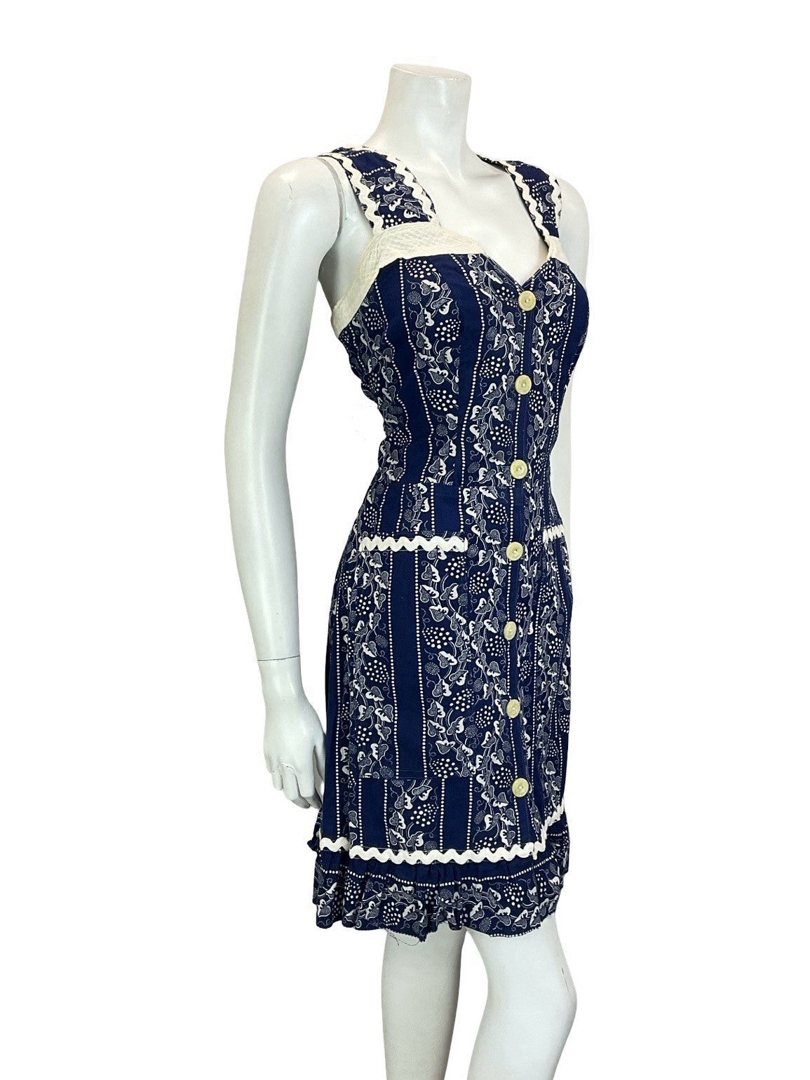 VTG 60S 70S NAVY BLUE WHITE PRAIRIE COTTAGE VINE STRAPPY RUFFLE SUN DRESS 10