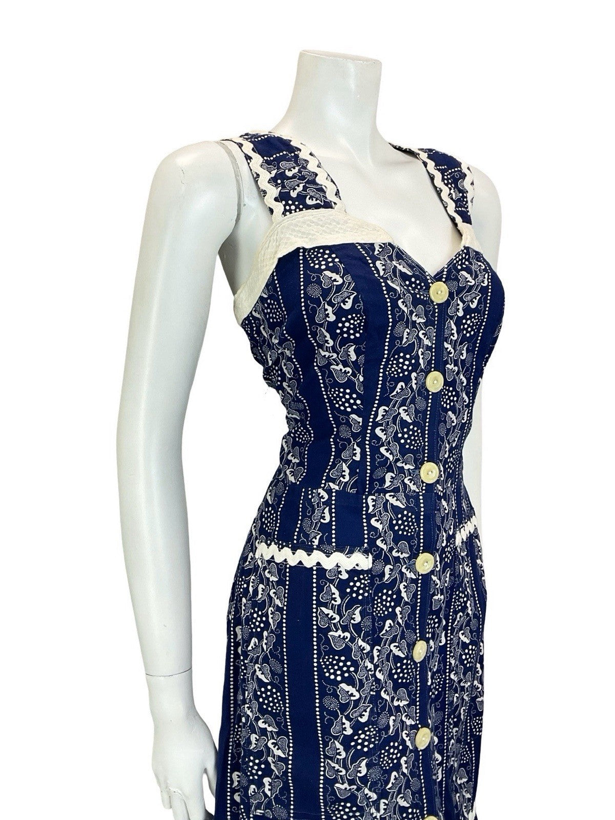 VTG 60S 70S NAVY BLUE WHITE PRAIRIE COTTAGE VINE STRAPPY RUFFLE SUN DRESS 10