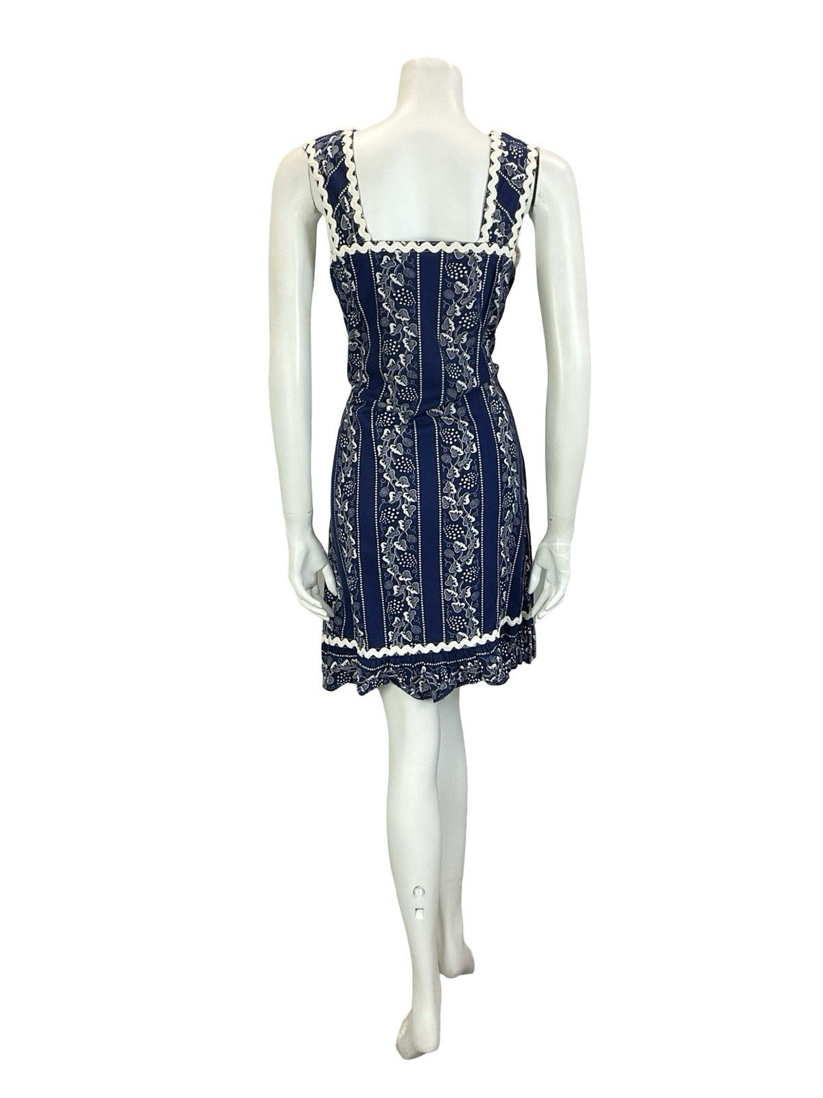 VTG 60S 70S NAVY BLUE WHITE PRAIRIE COTTAGE VINE STRAPPY RUFFLE SUN DRESS 10