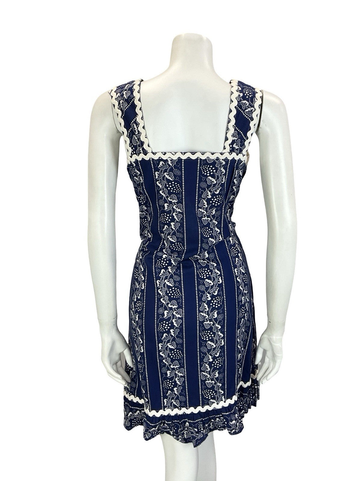 VTG 60S 70S NAVY BLUE WHITE PRAIRIE COTTAGE VINE STRAPPY RUFFLE SUN DRESS 10
