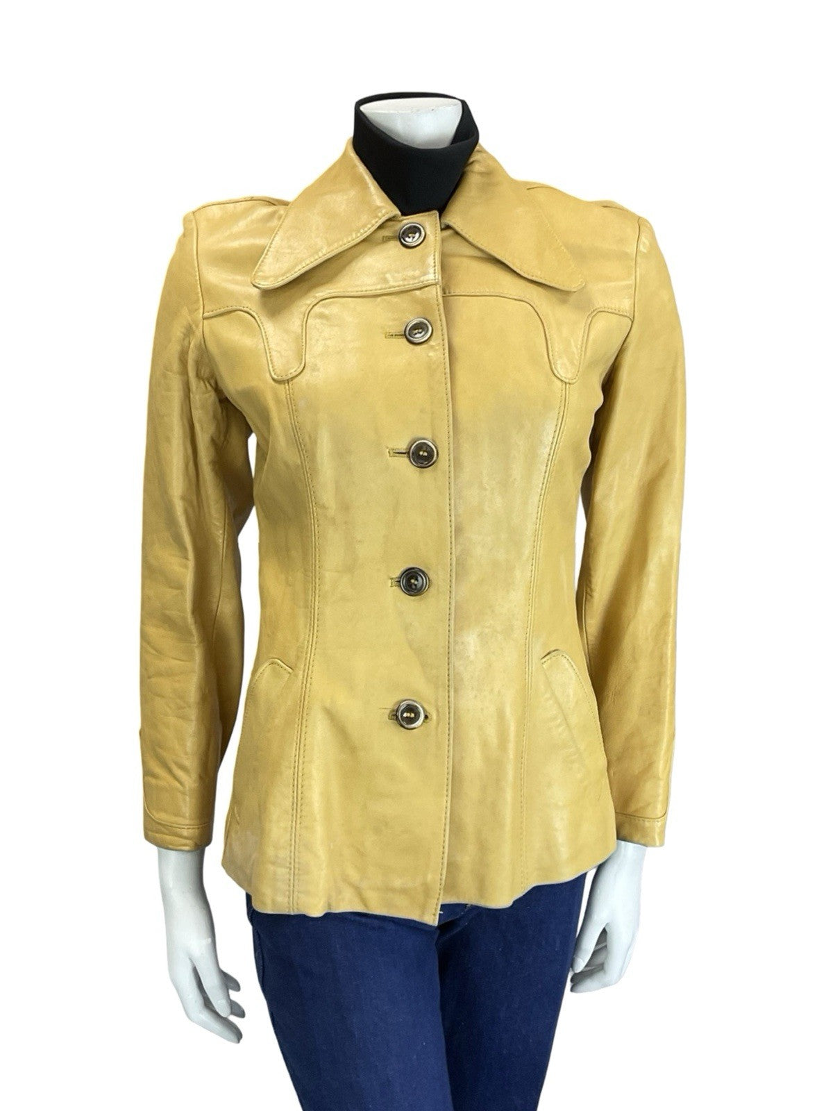 VTG 60S 70S YELLOW LIGHT TAN LEATHER WESTERN BOHO YOKE DOG EAR JACKET 8 10 S