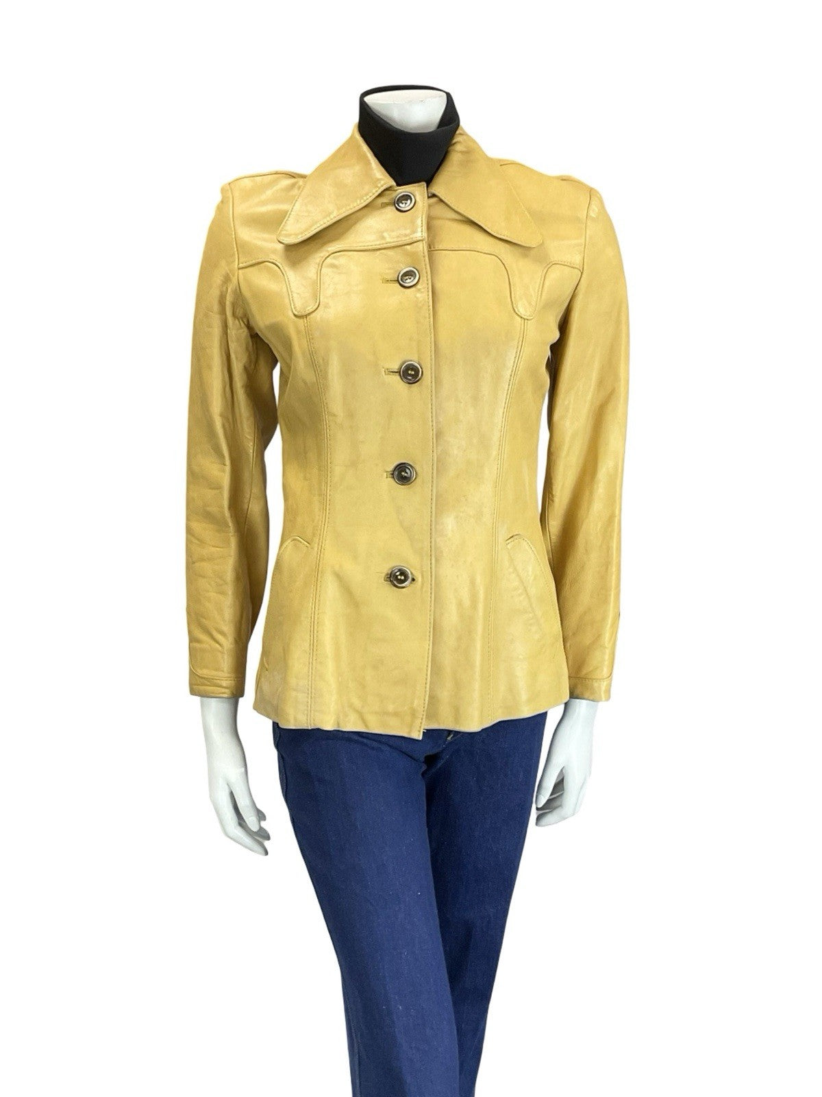 VTG 60S 70S YELLOW LIGHT TAN LEATHER WESTERN BOHO YOKE DOG EAR JACKET 8 10 S