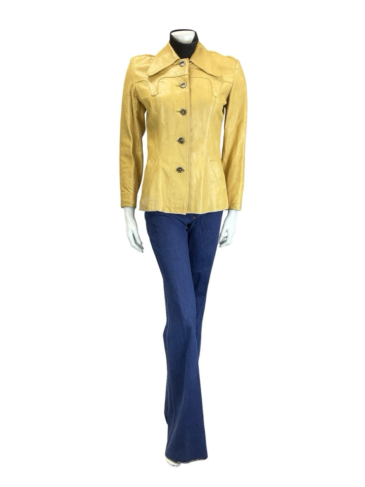VTG 60S 70S YELLOW LIGHT TAN LEATHER WESTERN BOHO YOKE DOG EAR JACKET 8 10 S