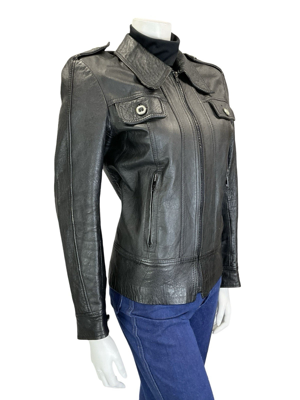 VTG 60S 70S BLACK BIKER ZIP UP LEATHER EPAULETTE MILITARY JACKET W/ POCKETS 10