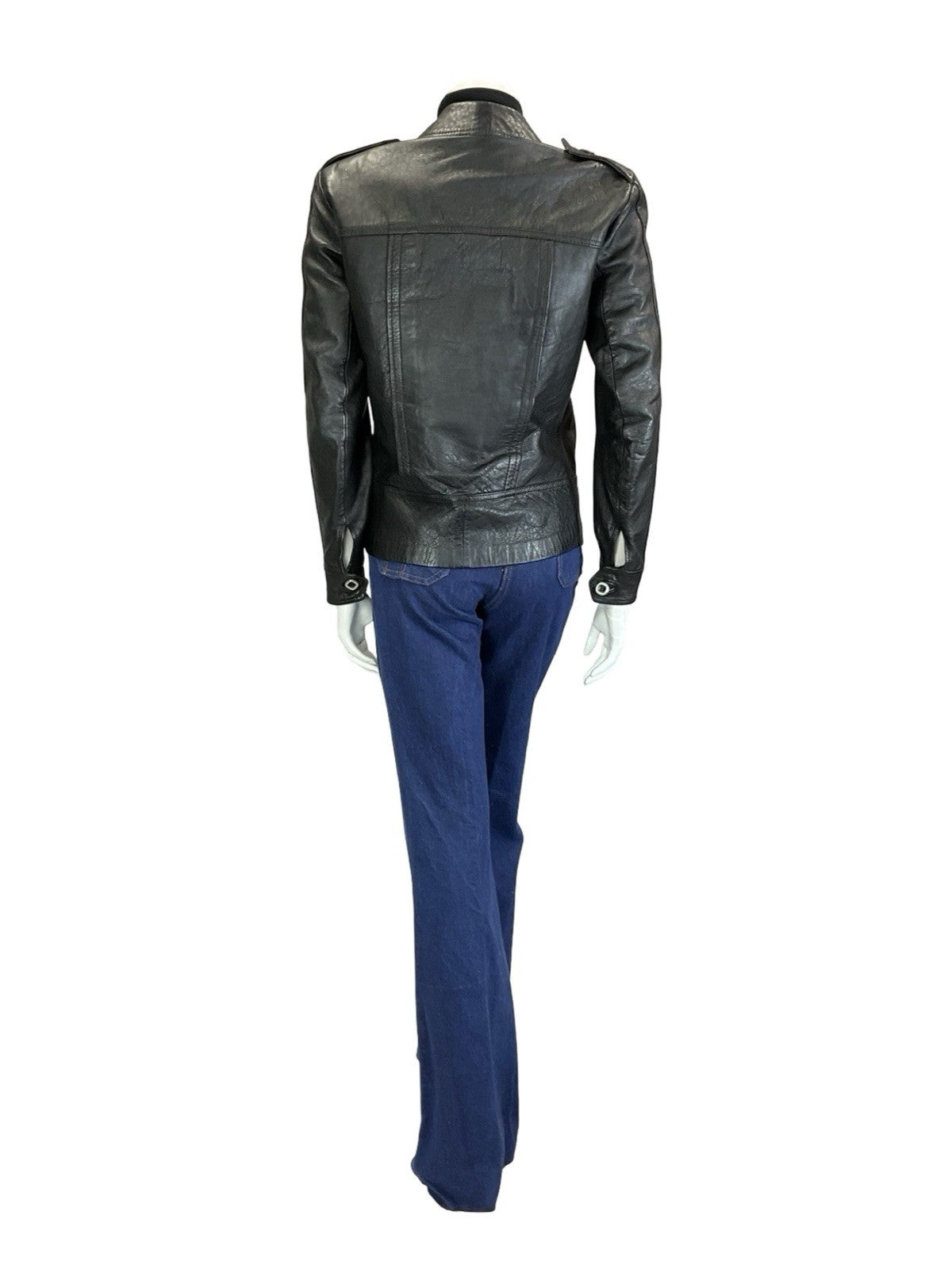 VTG 60S 70S BLACK BIKER ZIP UP LEATHER EPAULETTE MILITARY JACKET W/ POCKETS 10