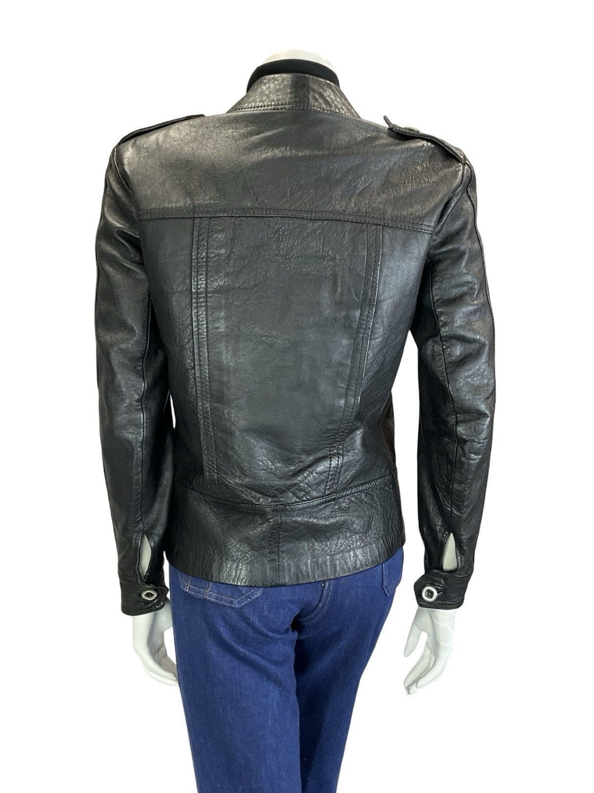 VTG 60S 70S BLACK BIKER ZIP UP LEATHER EPAULETTE MILITARY JACKET W/ POCKETS 10