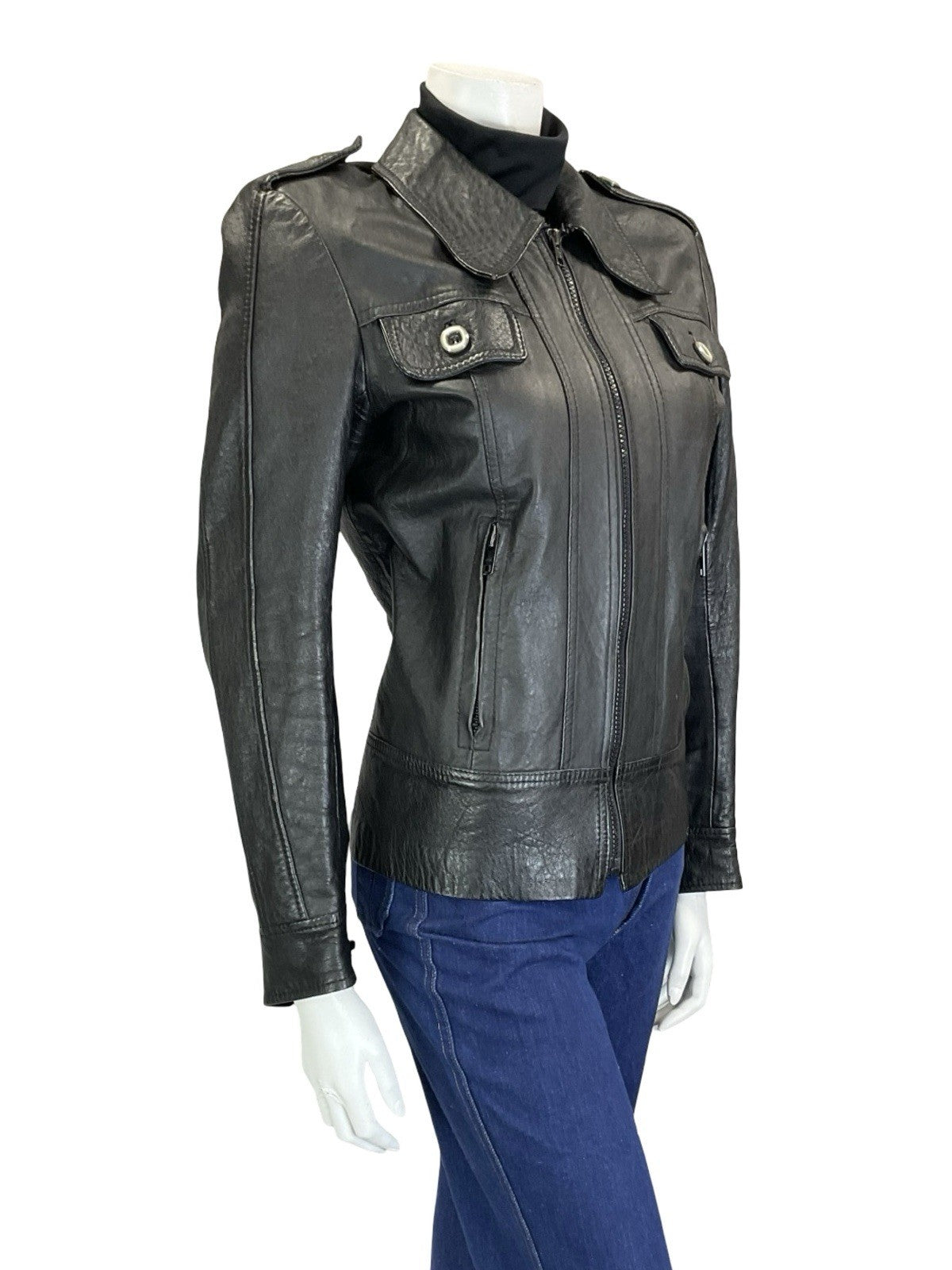 VTG 60S 70S BLACK BIKER ZIP UP LEATHER EPAULETTE MILITARY JACKET W/ POCKETS 10