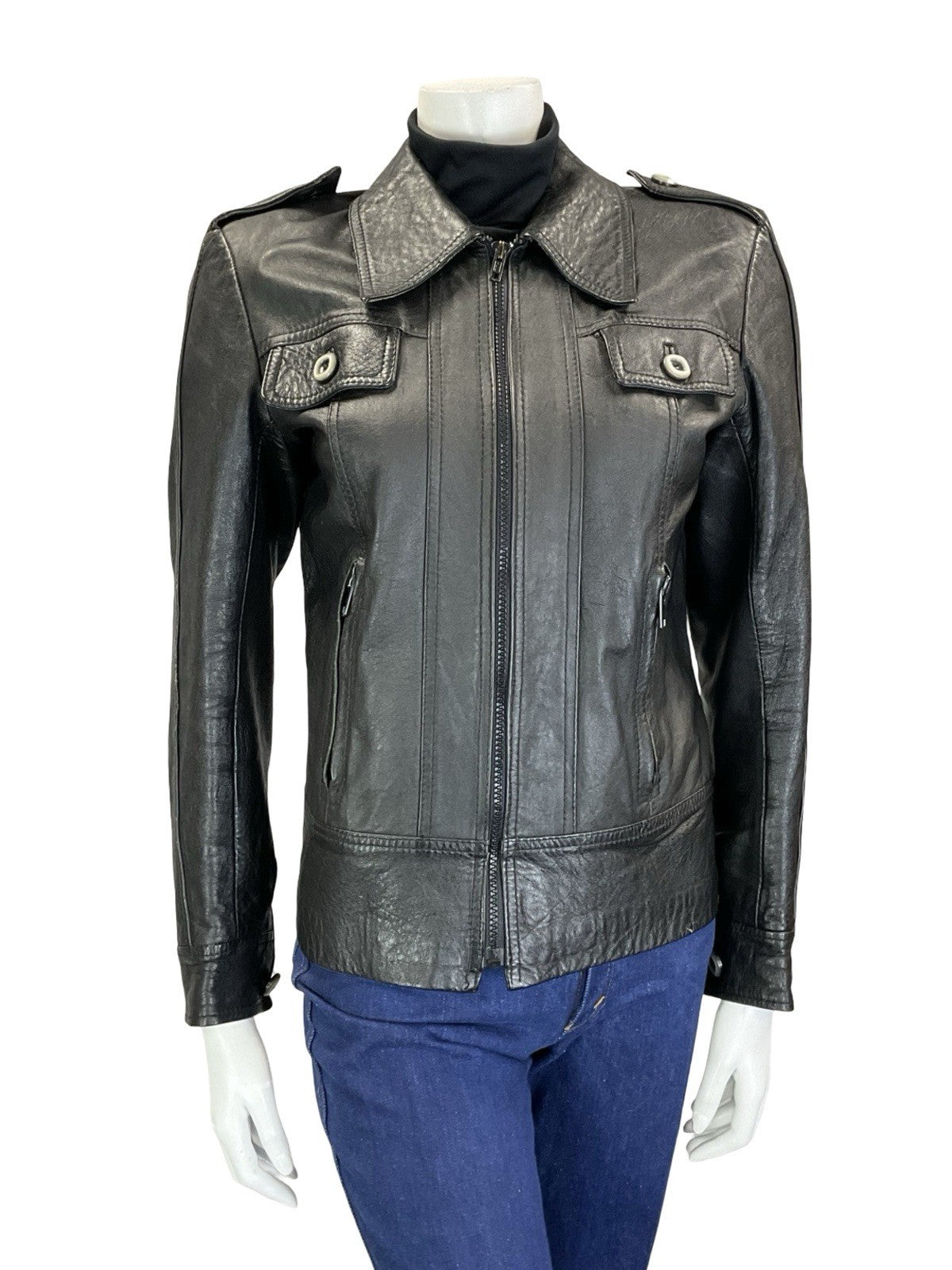 VTG 60S 70S BLACK BIKER ZIP UP LEATHER EPAULETTE MILITARY JACKET W/ POCKETS 10