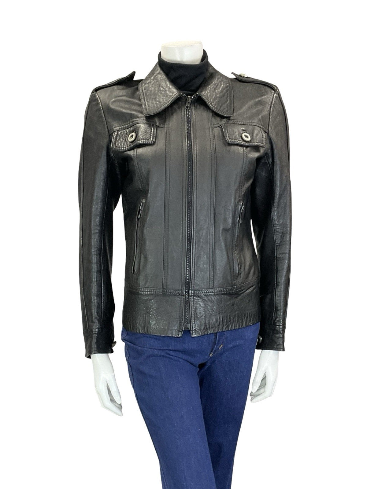 VTG 60S 70S BLACK BIKER ZIP UP LEATHER EPAULETTE MILITARY JACKET W/ POCKETS 10