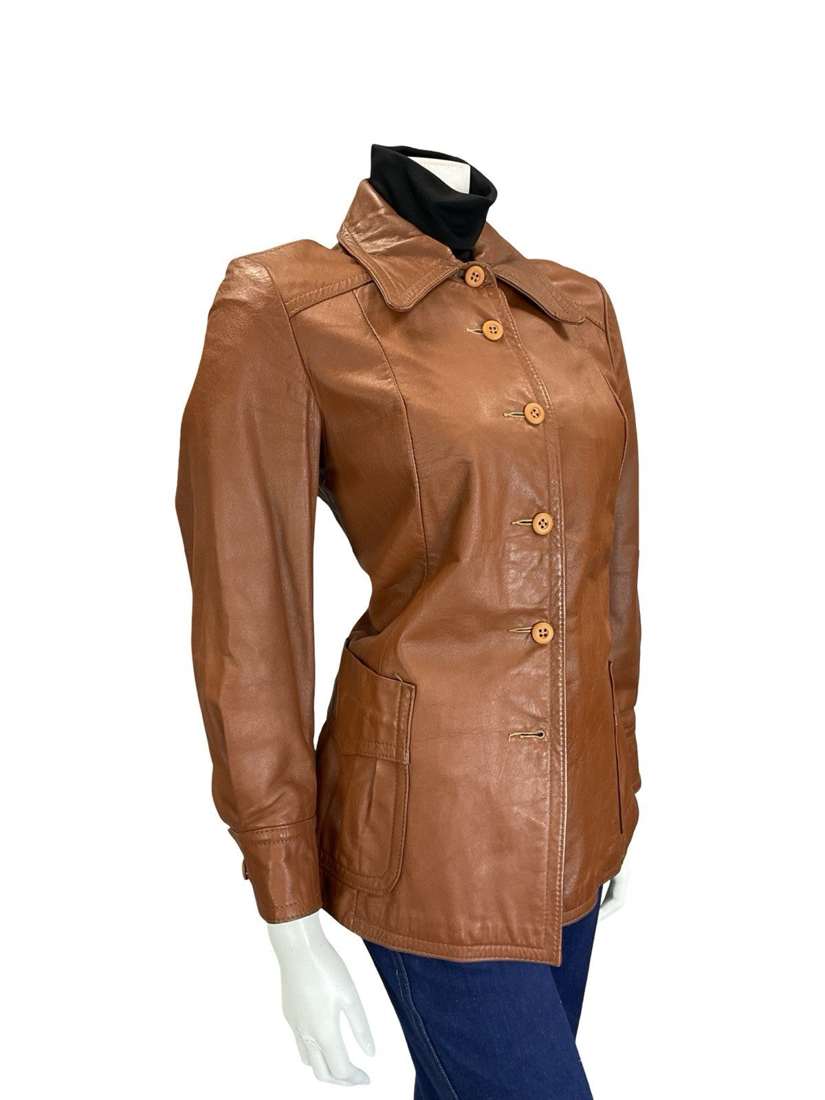 VTG 60S 70S WESTERN BROWN DAGGER COLLAR PLEATED LEATHER JACKET W/ POCKETS 10