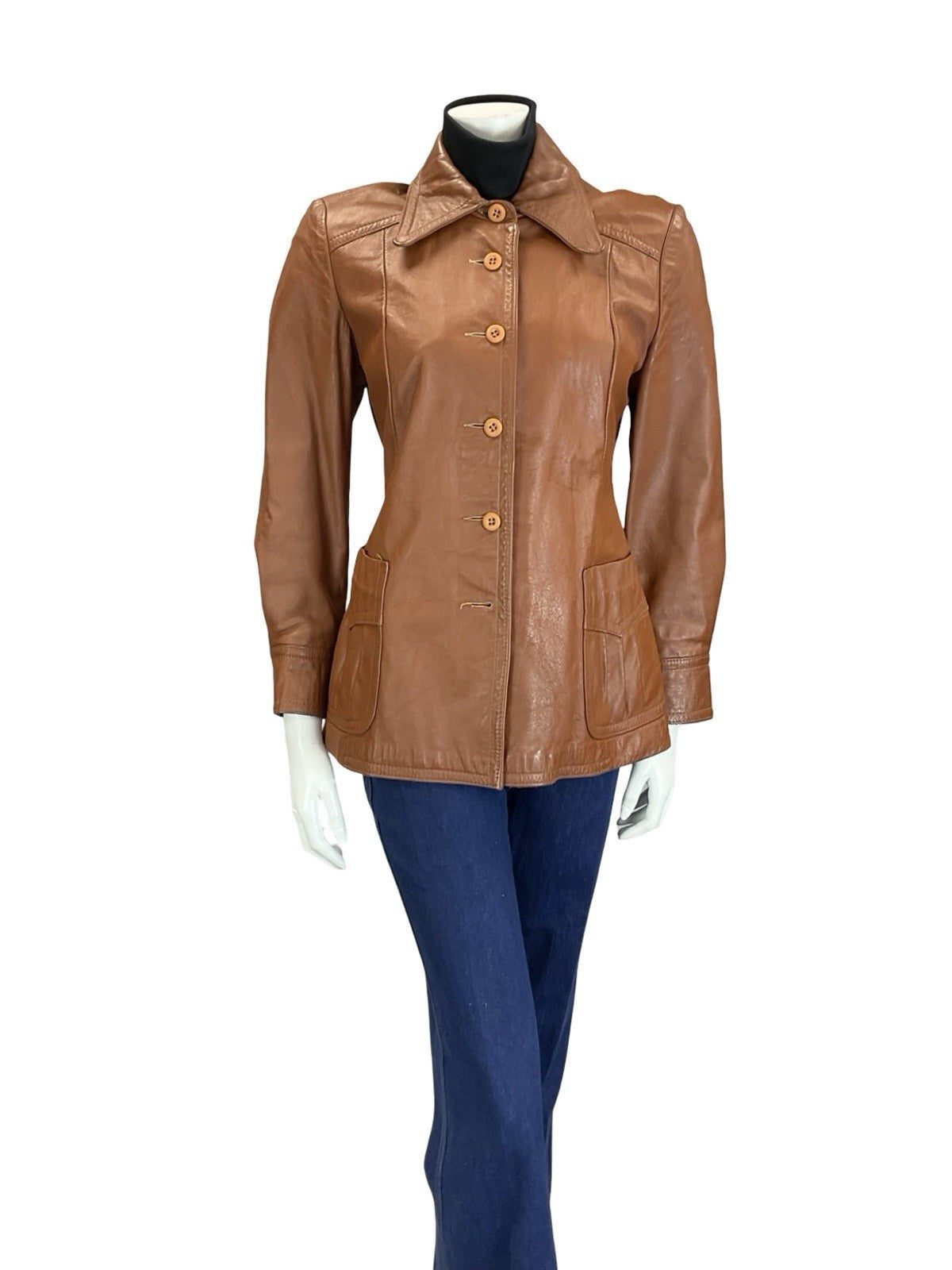 VTG 60S 70S WESTERN BROWN DAGGER COLLAR PLEATED LEATHER JACKET W/ POCKETS 10