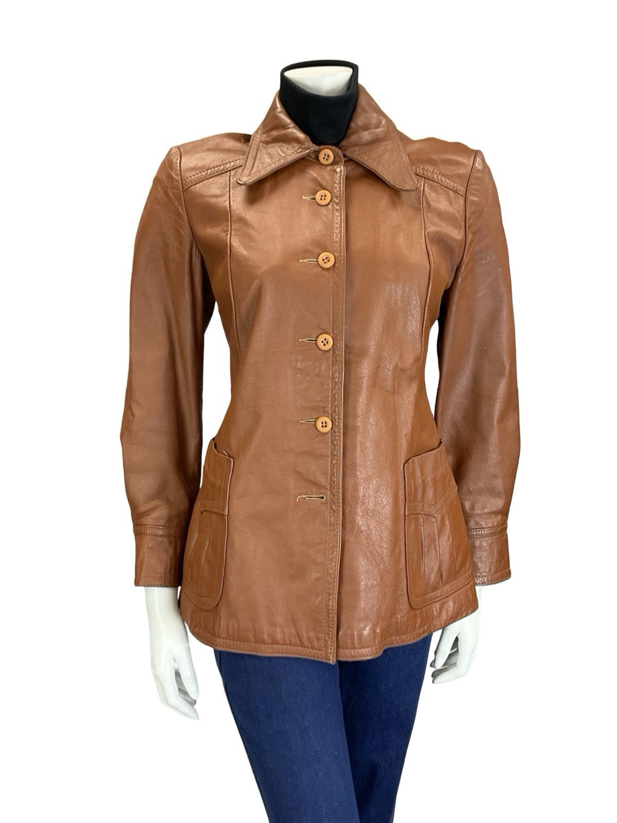 VTG 60S 70S WESTERN BROWN DAGGER COLLAR PLEATED LEATHER JACKET W/ POCKETS 10