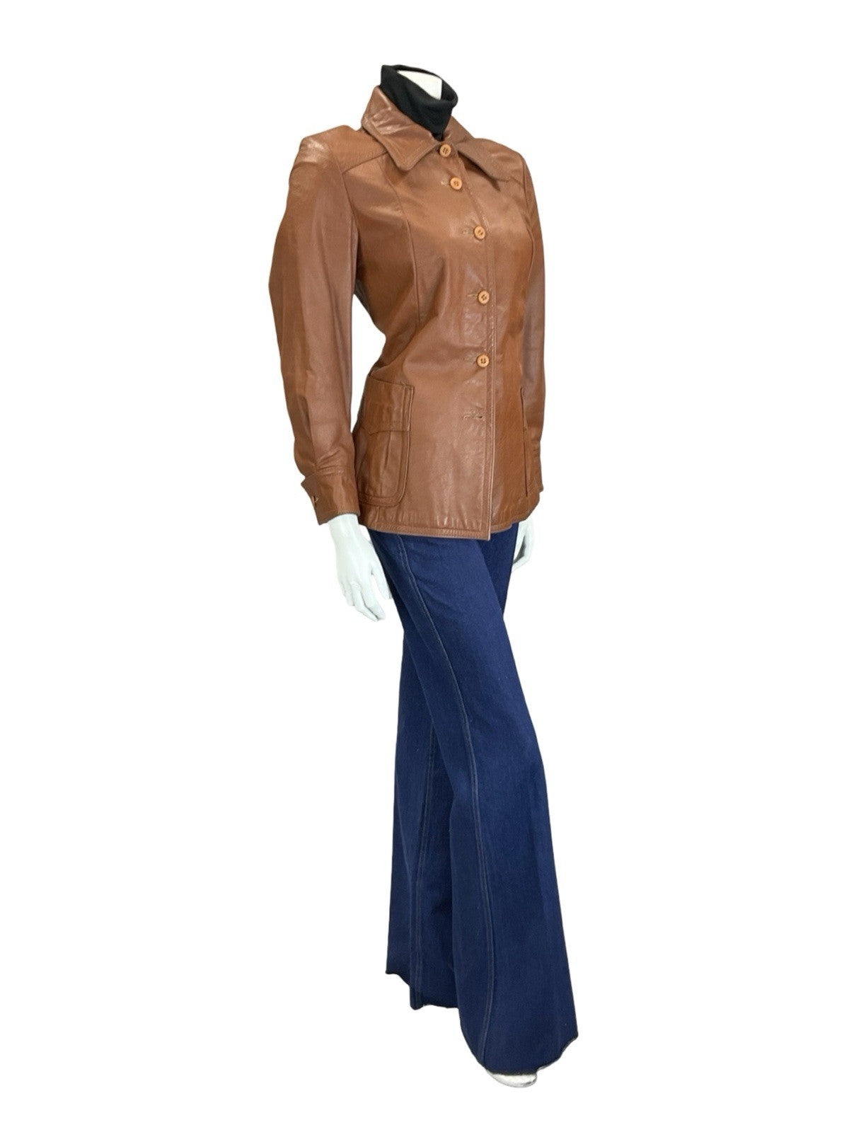 VTG 60S 70S WESTERN BROWN DAGGER COLLAR PLEATED LEATHER JACKET W/ POCKETS 10