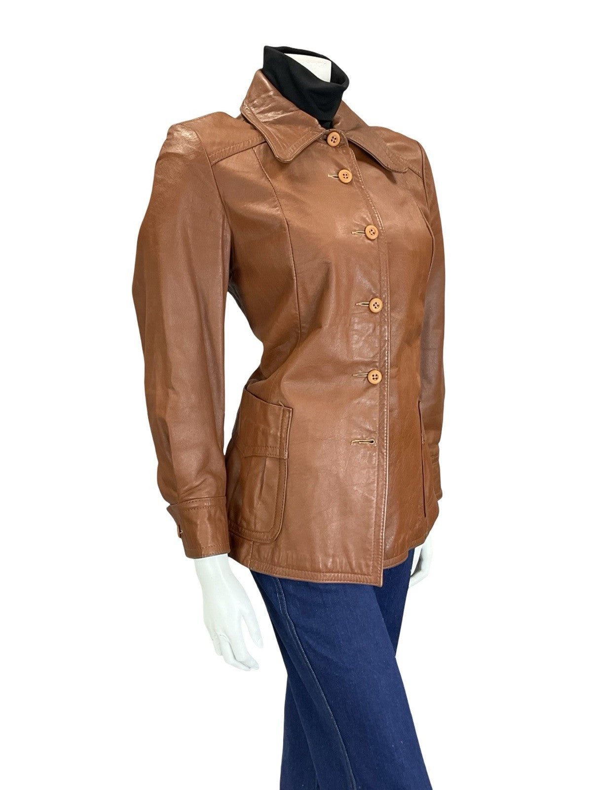 VTG 60S 70S WESTERN BROWN DAGGER COLLAR PLEATED LEATHER JACKET W/ POCKETS 10