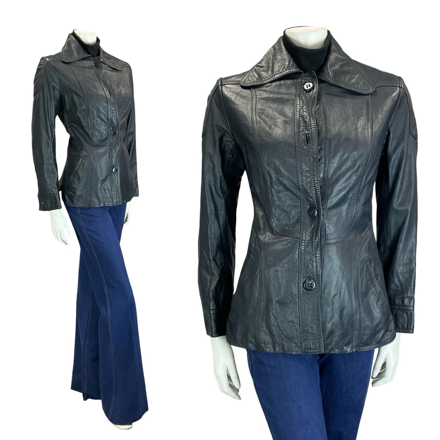 VTG 60S 70S NAVY BLUE SCOOTER MOD SPACE AGE DOG EAR COLLAR LEATHER JACKET 10