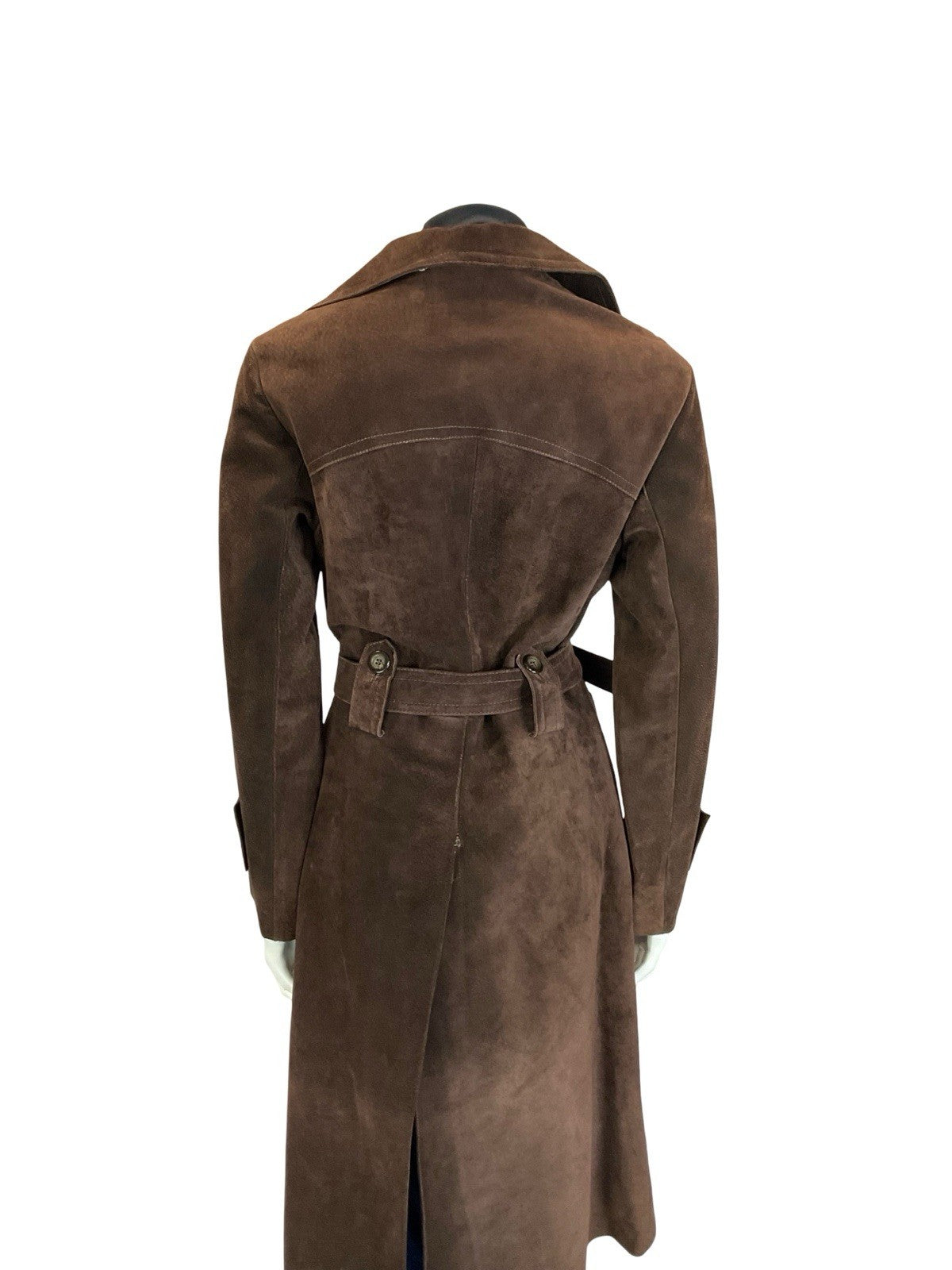 VTG 60S 70S DARK BROWN DOUBLE BREASTED SUEDE LEATHER BELTED MAC TRENCH COAT 10