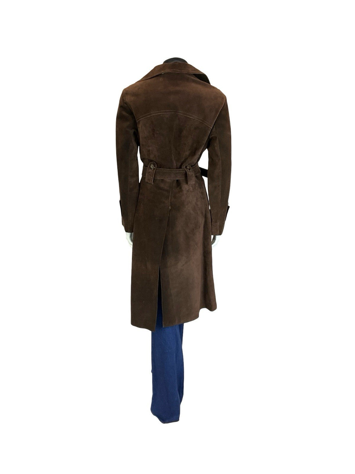 VTG 60S 70S DARK BROWN DOUBLE BREASTED SUEDE LEATHER BELTED MAC TRENCH COAT 10