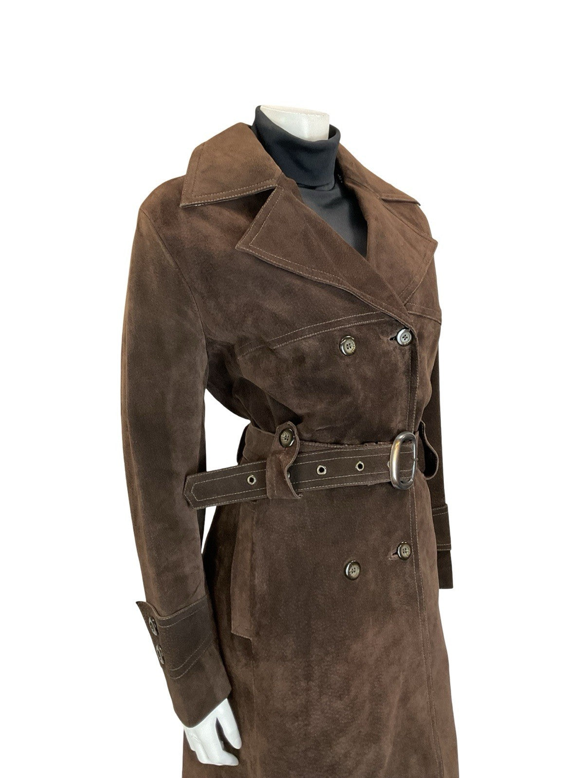 VTG 60S 70S DARK BROWN DOUBLE BREASTED SUEDE LEATHER BELTED MAC TRENCH COAT 10