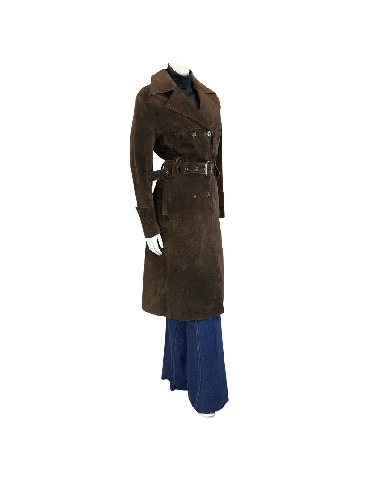 VTG 60S 70S DARK BROWN DOUBLE BREASTED SUEDE LEATHER BELTED MAC TRENCH COAT 10