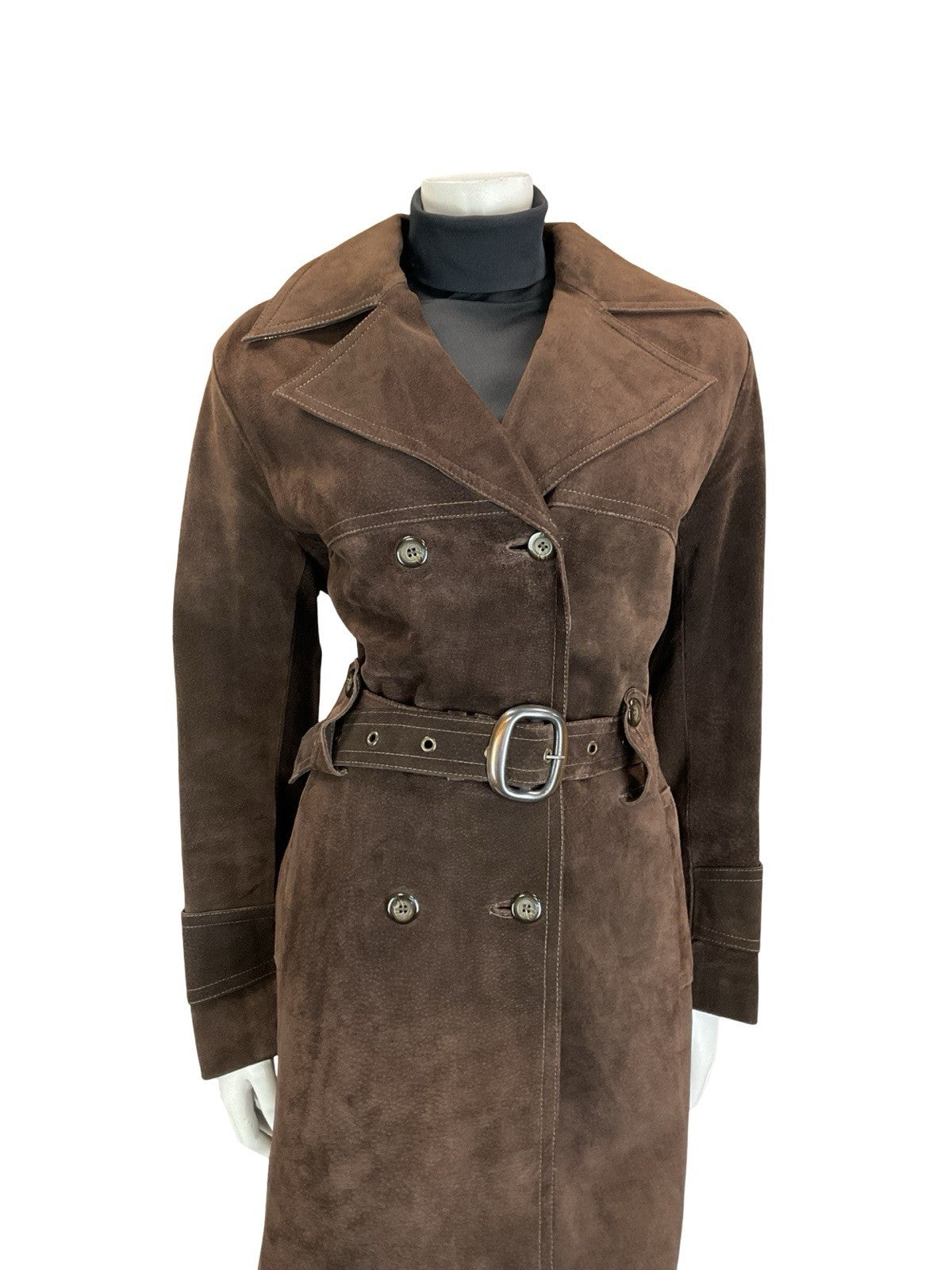 VTG 60S 70S DARK BROWN DOUBLE BREASTED SUEDE LEATHER BELTED MAC TRENCH COAT 10