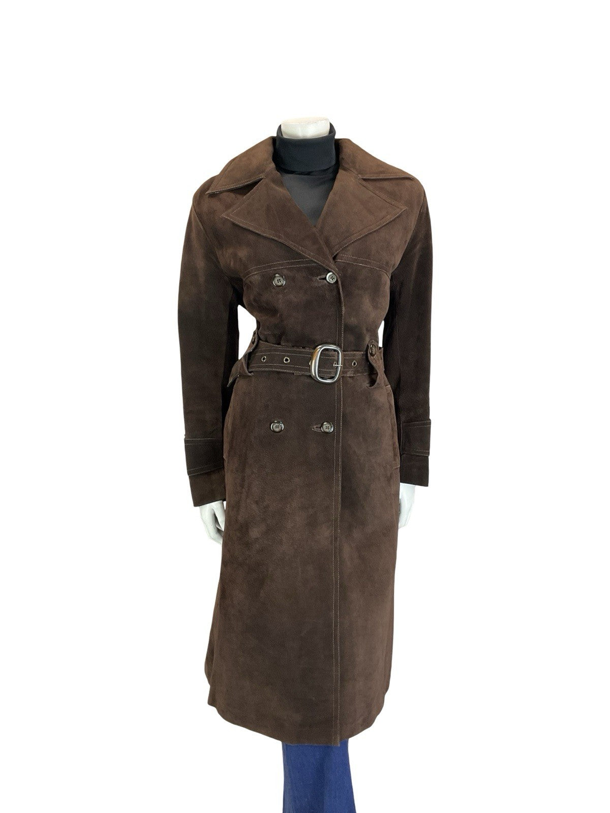 VTG 60S 70S DARK BROWN DOUBLE BREASTED SUEDE LEATHER BELTED MAC TRENCH COAT 10