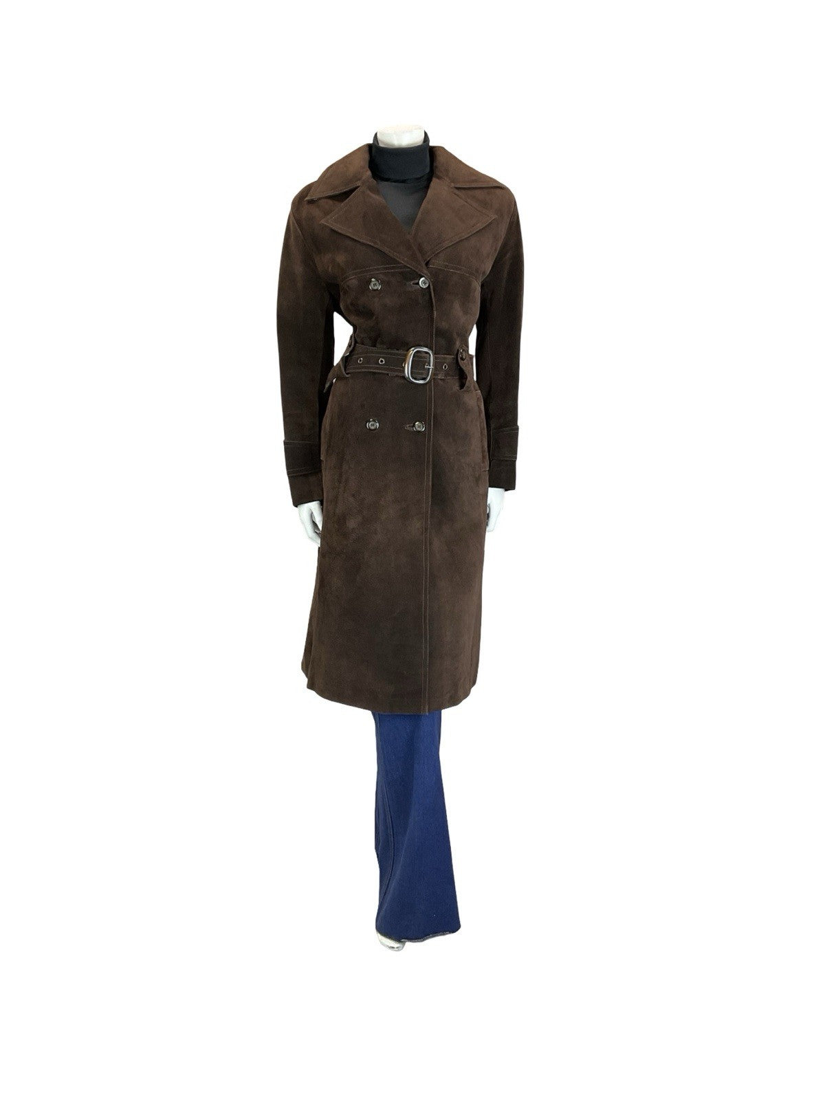 VTG 60S 70S DARK BROWN DOUBLE BREASTED SUEDE LEATHER BELTED MAC TRENCH COAT 10